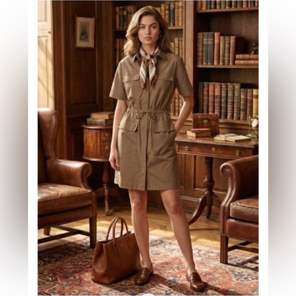 Theory Tan Brown Utility Shirt Dress Short Sleeve Drawstring Waist Pockets